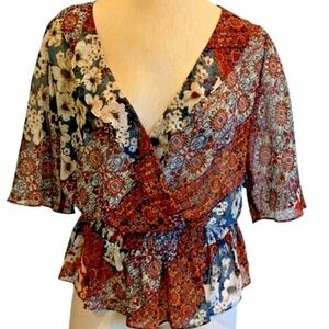 BCBGeneration Sheer Multicolor Peplum Ruffle V Neck Blouse Romantic Sz M#229i